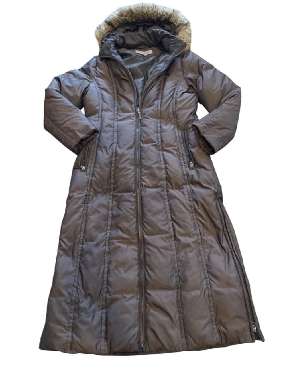 Anne Klein Long Brown Hooded Faux-Fur Trim Puffer Coat